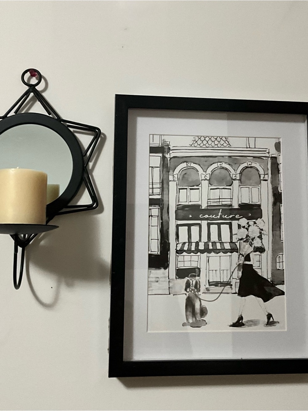 Black & White Poodle Couture Photo With Rustic Black Metal Wall Sconce